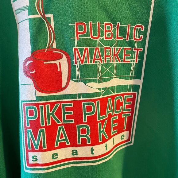 Public Market Pike Place Seattle Jerzees Tag Green Mens Hoodie 2XL - Picture 12 of 12